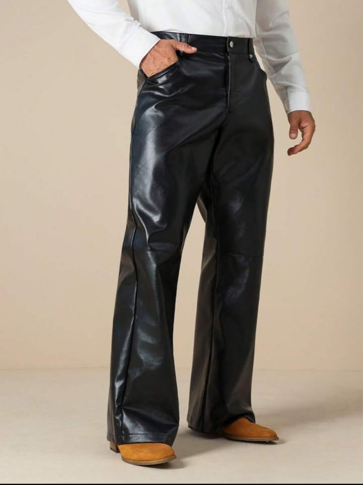 Men's Loose Straight Casual Solid Color Leather Trousers